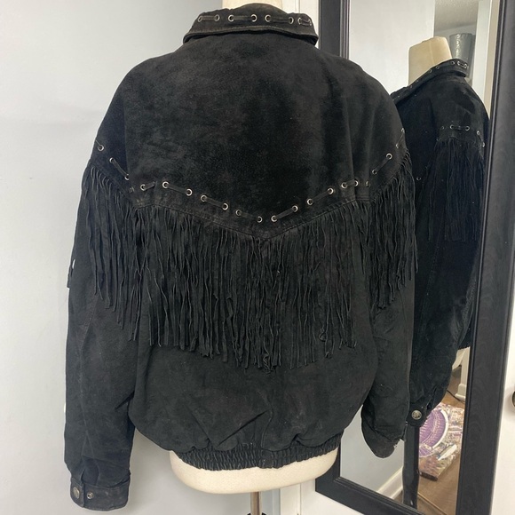 VNTG WILSON BLACK FRINGE WESTERN LEATHER JACKET W/SILVER INDIAN HEAD SNAPS - Picture 3 of 16